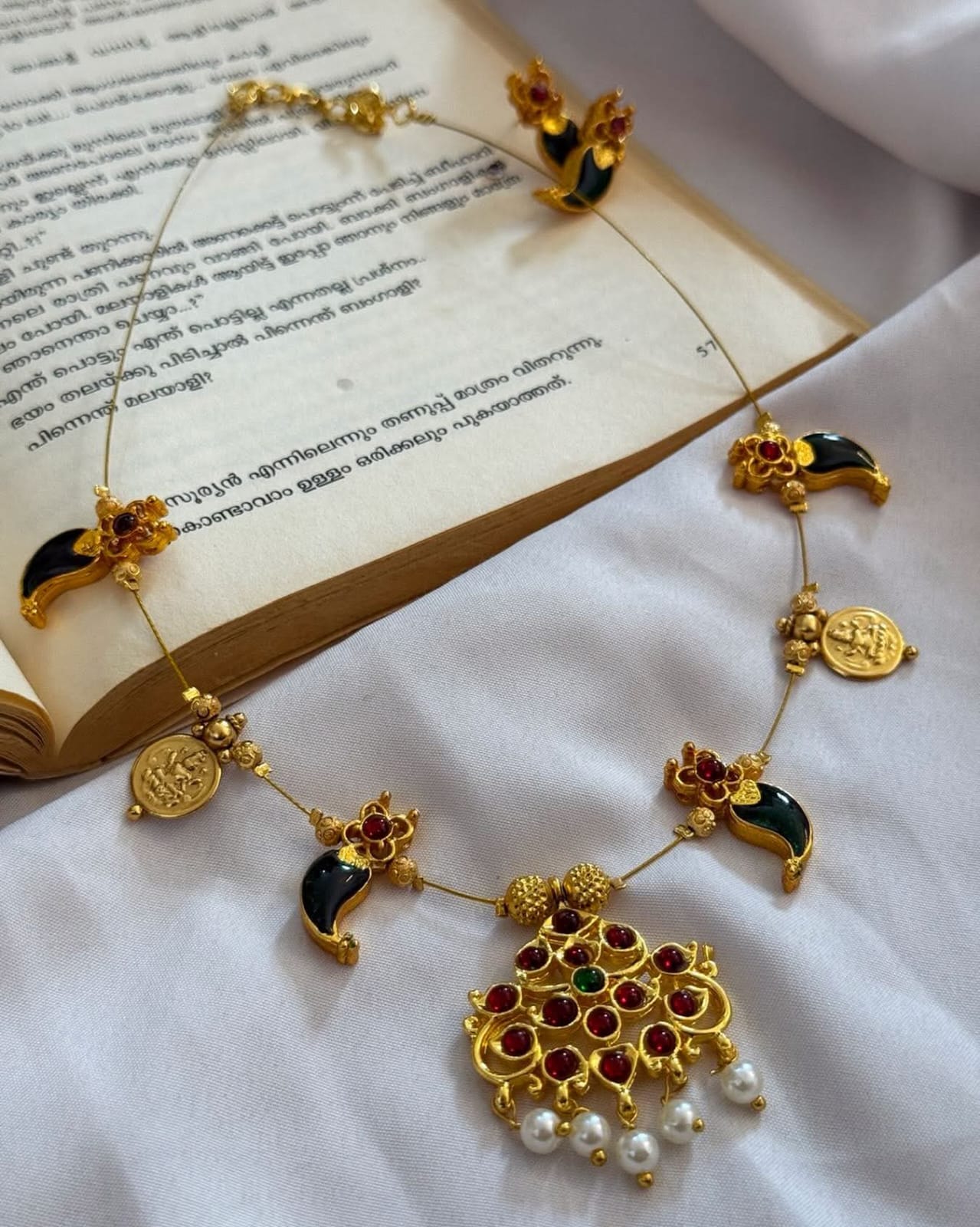 Kemp Flower Pendant With Lakshmi Coins And Enamelled Mango Pendants Handmade Necklace With Earrings