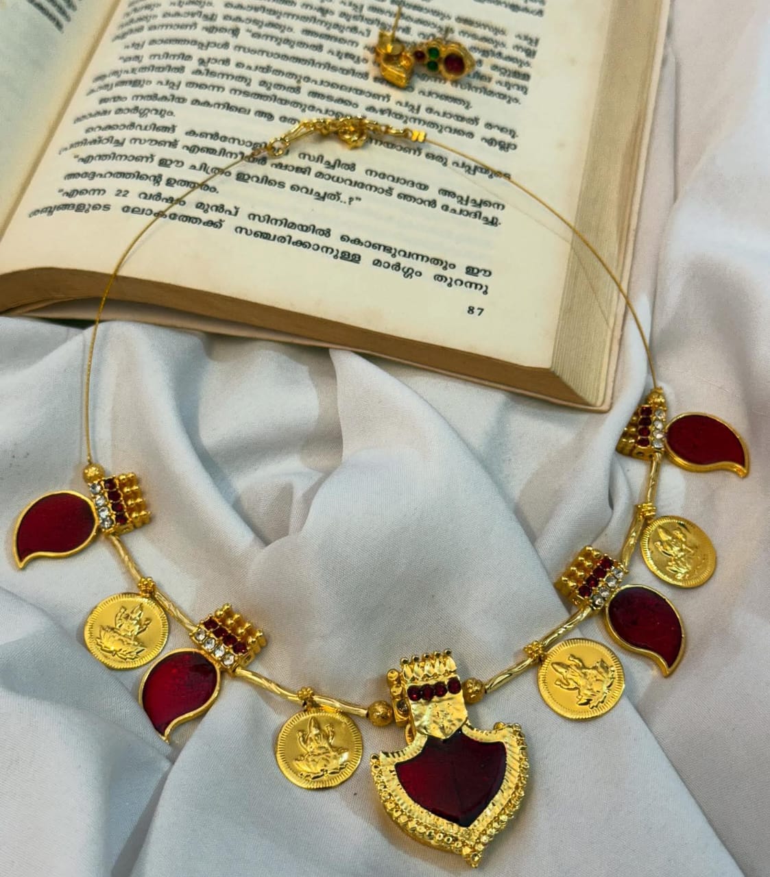 Enamelled Mango Pendants With Big Red Palakka Pendant And Lakshmi Coins Handmade Necklace