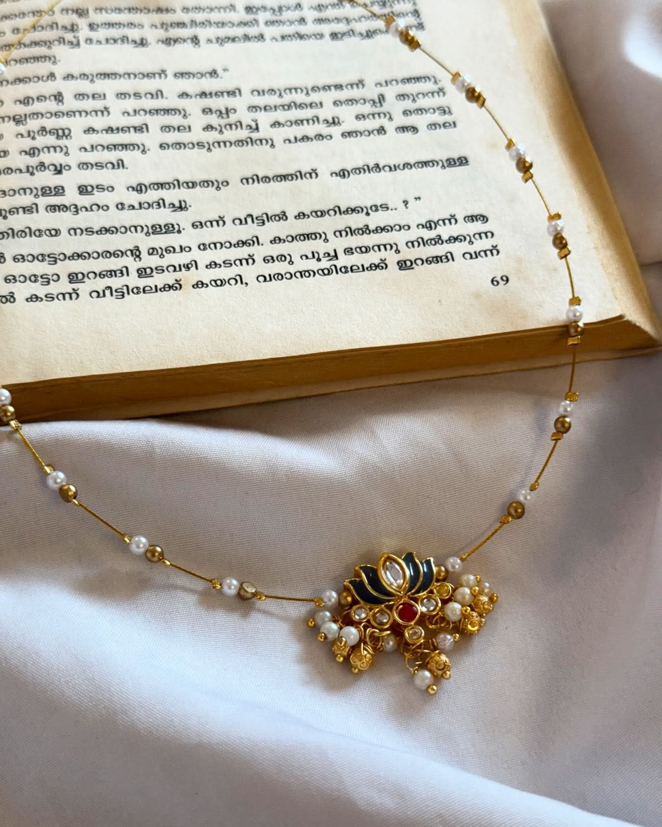 Enamelled Lotus With Pearl Drops Handmade Necklace