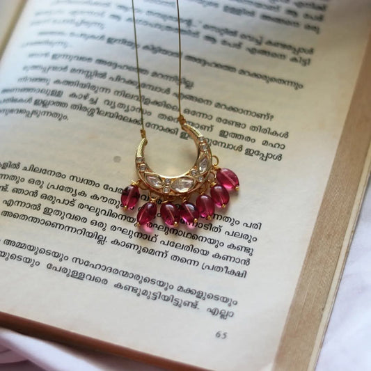 Moon Pendant With Pink Beads Drops Handmade Necklace