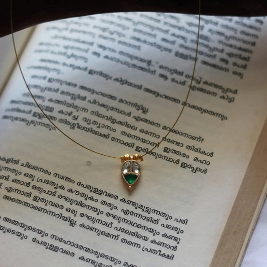 Jadau Kundan White And Green Drop Single  Pendant Handmade Necklace