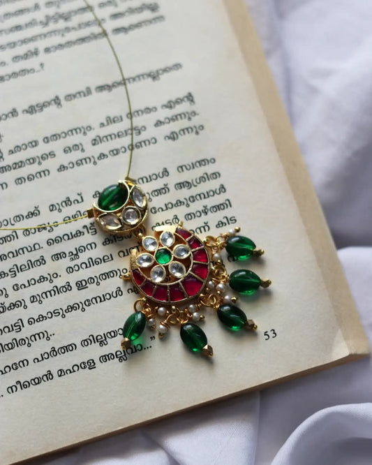 Moissanite Small Moon Pendant With Jadau Kundan Flower And Moon Pendant With Green Bead Drops Handmade Necklace