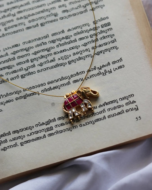 Jadau Kundan Pink And White Stone Elephant Motif Pendant Handmade Necklace