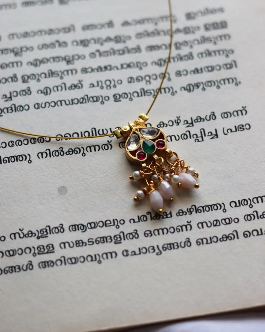 Jadau Kundan Flower Pendant With White Bead Drops Handmade Necklace
