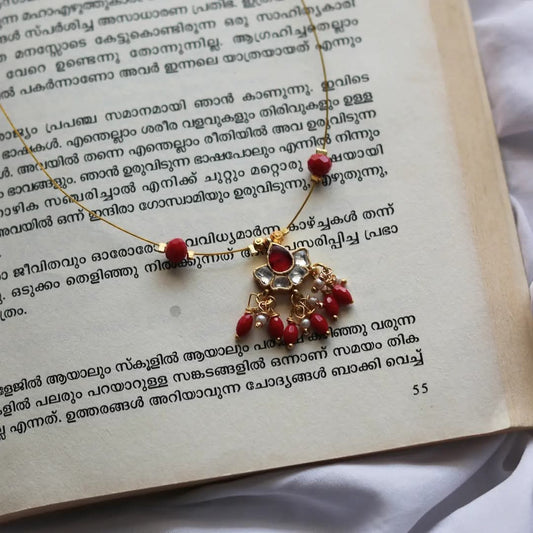 Jadau Kundan Flower Pendant With White And Red Bead Drops Handmade Necklace