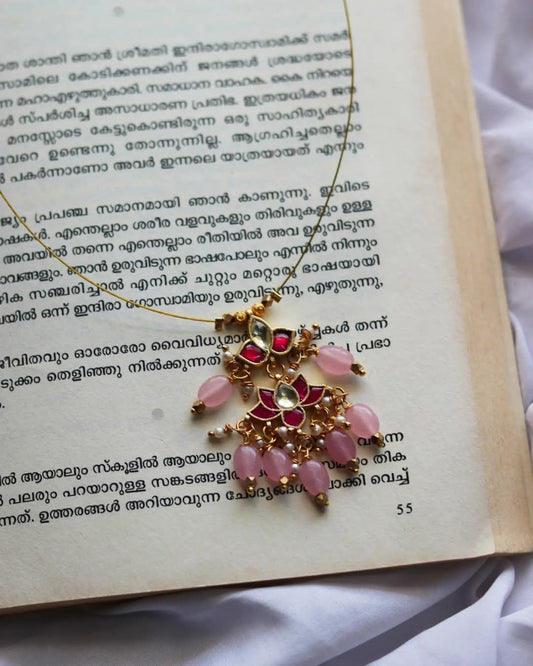 Jadau Kundan Multipendant With Pink Bead Drops Handmade Necklace