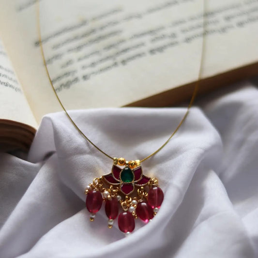 Jadau Kundan Multicolor Lotus Pendant With Pink Bead Drops Handmade Necklace