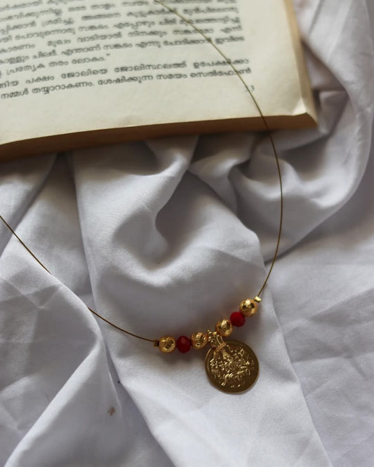 Impon Lakshmi Coin With Golden And Red Beads Handmade Necklace