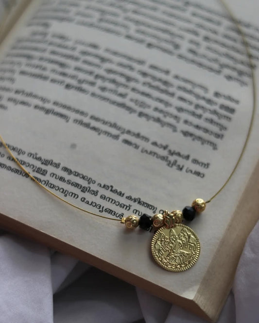 Impon Lakshmi Coin With Black And Golden Beads Handmade Necklace