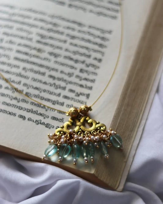 Mehandi Gold Charm With Aqua Blue Beads Drops Handmade Necklace