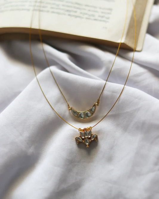 Jadau Kundan Moon Pendant With Moissonite Lotus Pendant Double Layer Handmade Necklace