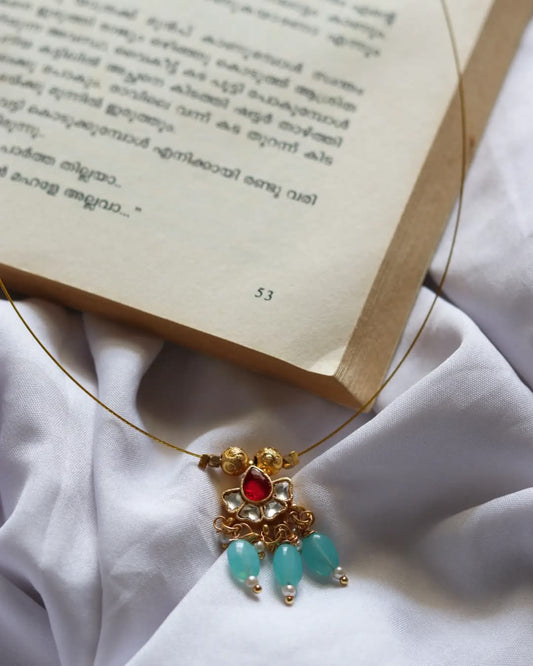 Jadau Kundan Flower Pendant With Aqua Blue Beads Drops Handmade Necklace