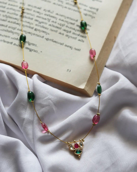 Jadau Kundan Lotus Pendant In Beads Chain Handmade Necklace