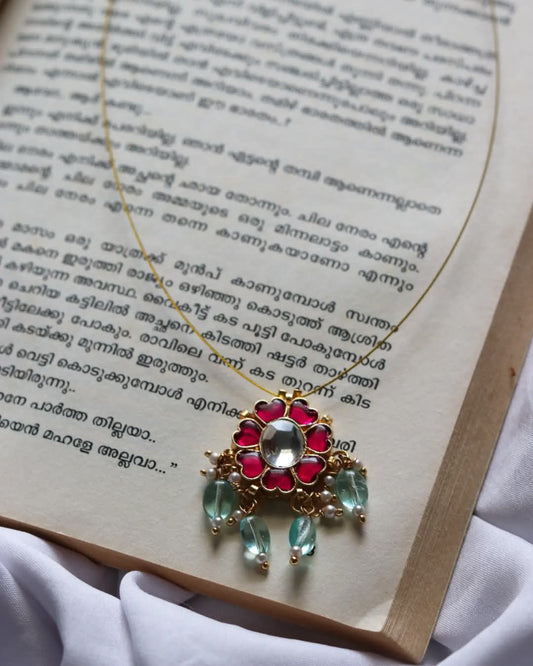 Jadau Kundan White And Pink Flower Pendant With Beads Drops Handmade Necklace