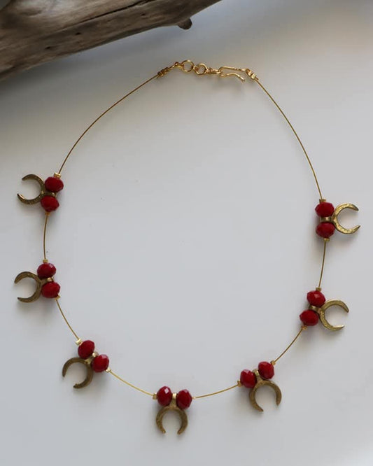 Inverted Moon Brass Pendants With Red Beads Handmade Necklace