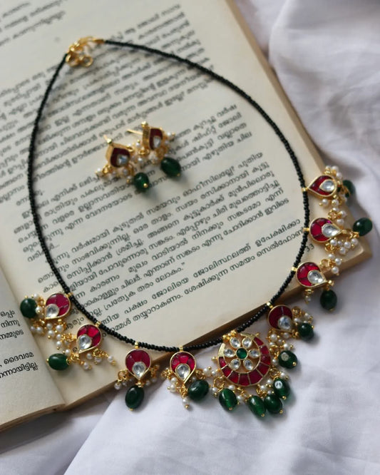 Premium Quality Jadau Kundan Multistone In Sugar Beads Chain Handmade Necklace  With Earrings