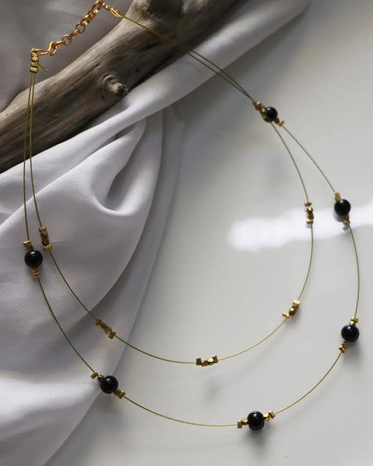 Double Layer Brass Facets Beads And Black Beads Handmade Necklace