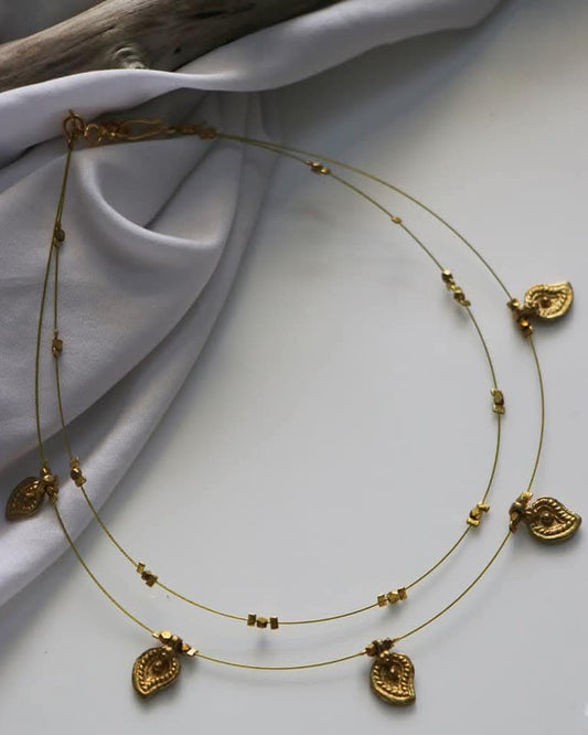 Double Layer Brass Facets Beads And Brass Mango Charms Handmade Necklace