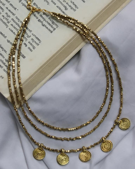 Triple Layer Brass Facets Beads And Coin Charms Handmade Necklace
