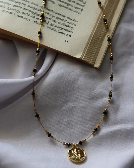 Lakshmi Coin With Black Bead Chain Handmade Necklace
