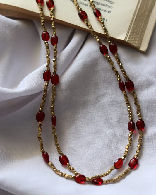 Brass Facets Beads With Maroon Glass Beads Handmade Necklace