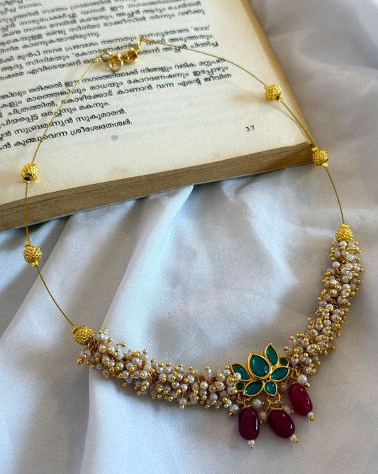 Green Lotus Pendant With Ghungroo Bunch Handmade Necklace With Earrings
