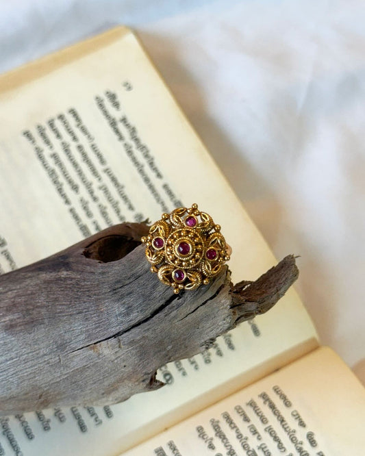 Premium Quality Ruby Stones In Flower Motif Gold Ring