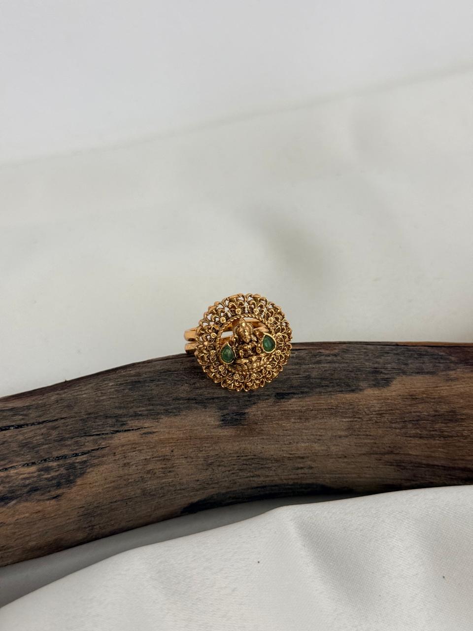 Premium Quality Lakshmi Idol With Green Stones Gold Ring