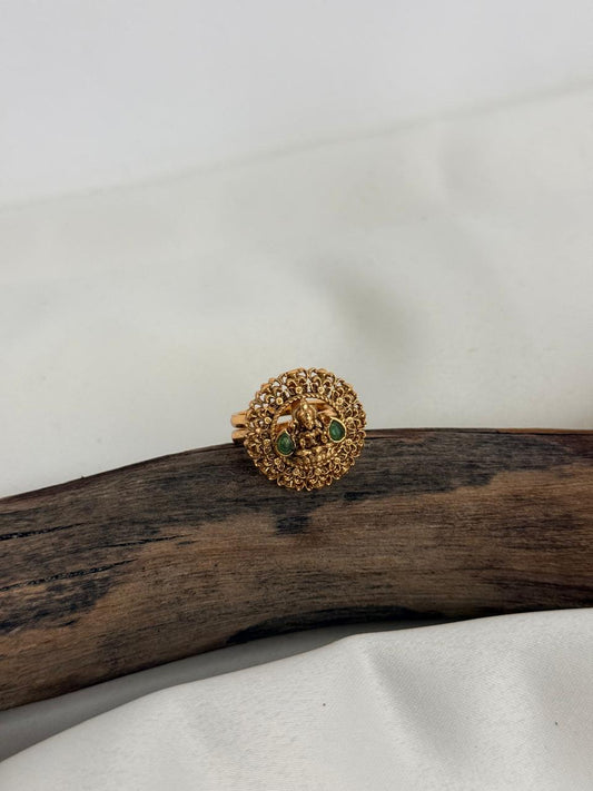 Premium Quality Lakshmi Idol With Green Stones Gold Ring