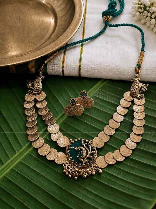 Double layer coin single pendant necklace with earrings