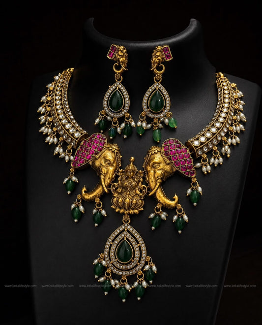NGN0264 - Elephant and lakshmi motifs Necklace with earrings
