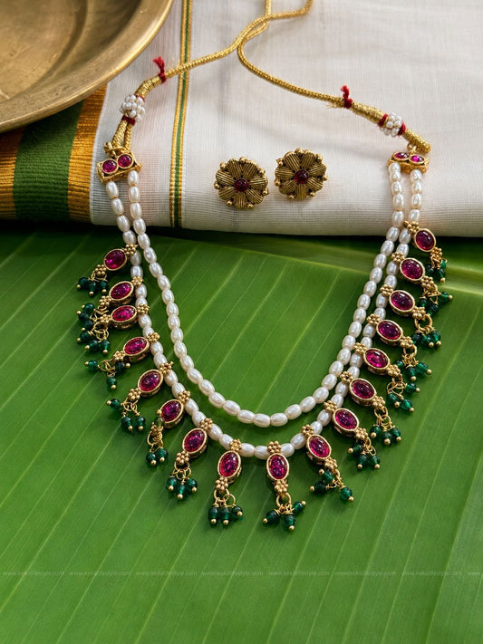 Double layer kundan drops necklace with earrings