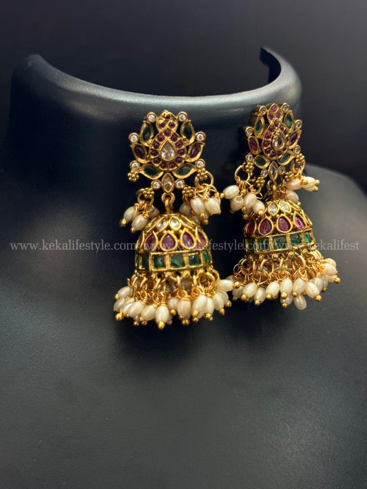 Lotus stud kemp stone jhumkas with rice pearls hangings