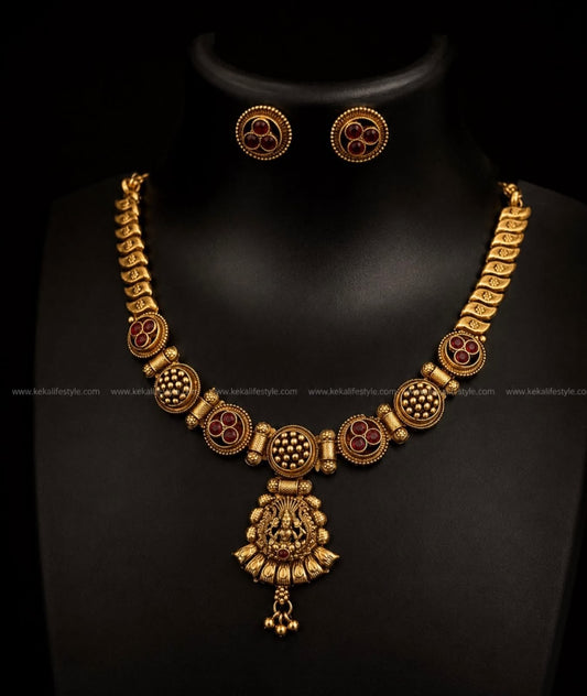 NGN0265 - Ruby Stone and lakshmi motifs Necklace with earrings