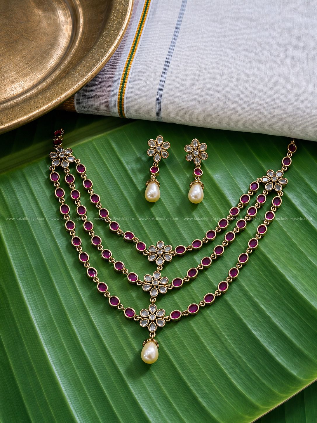 Triple layer ruby stone,flower motif necklace with earrings