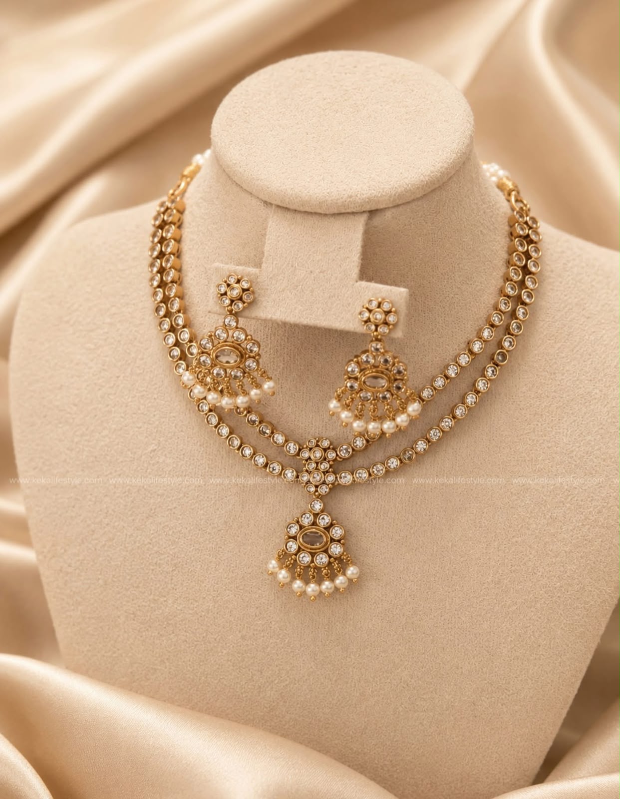 NGN0273 - Double layer white stone Necklace with earrings