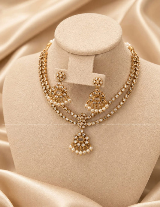 NGN0273 - Double layer white stone Necklace with earrings