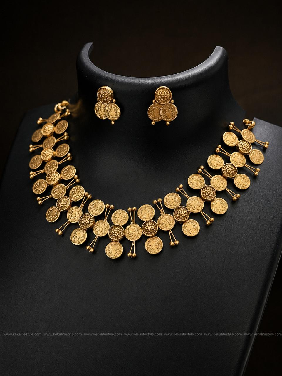 NGN0241 - Classic temple-inspired coin necklace in premium antique finish with coordinated coin earrings