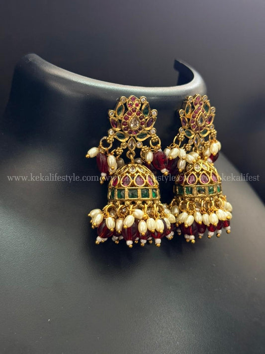 Lotus stud kemp stone jhumkas with red jade and rice pearl hangings