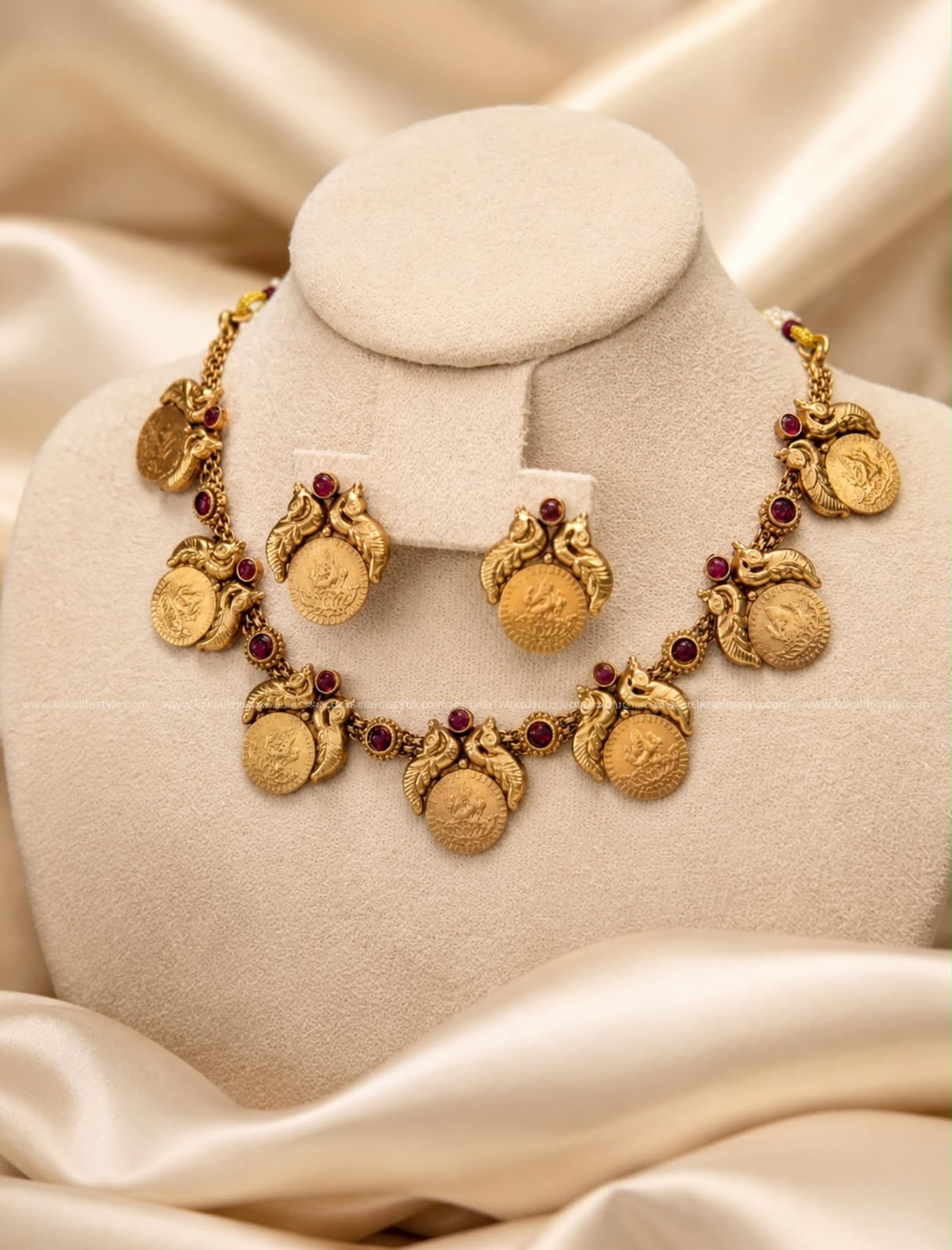 NGN0274 - Traditional South Indian temple coin necklace with earrings