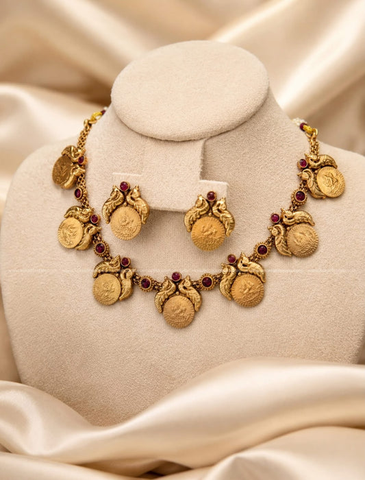 NGN0274 - Traditional South Indian temple coin necklace with earrings