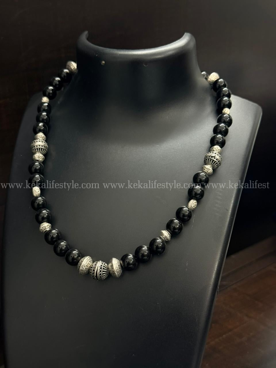 Black glass beads and silver spacers necklace