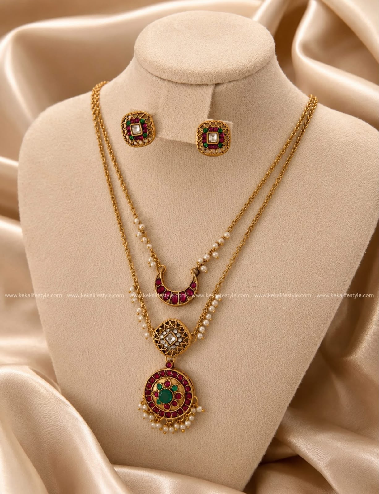 NGN0270 - Double layer moon pendant necklace with earrings