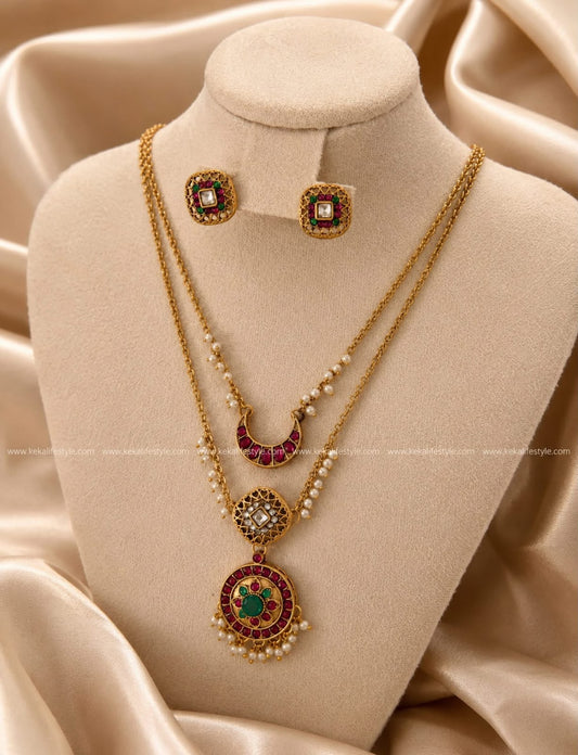 NGN0270 - Double layer moon pendant necklace with earrings