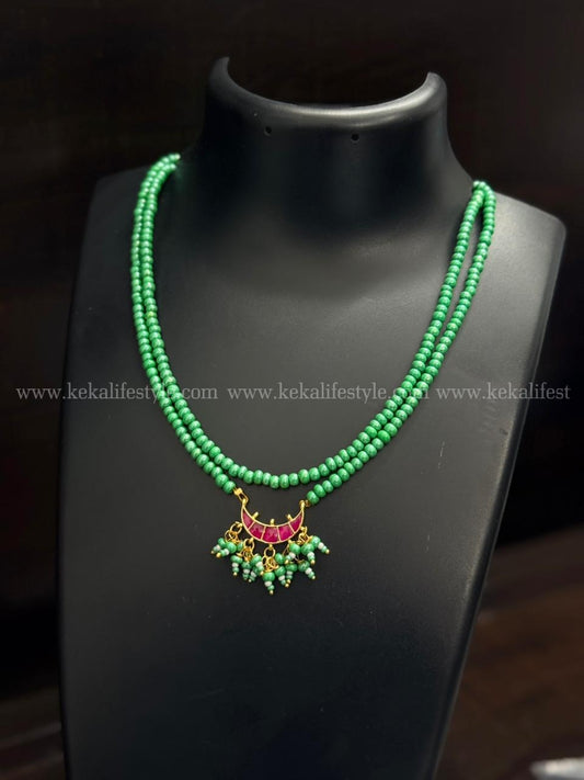 Jadau kundan moon pendant in mint glass beads chain